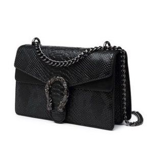 Snake Printed Clutch Purses Leather Chain Shoulder Bags - Black